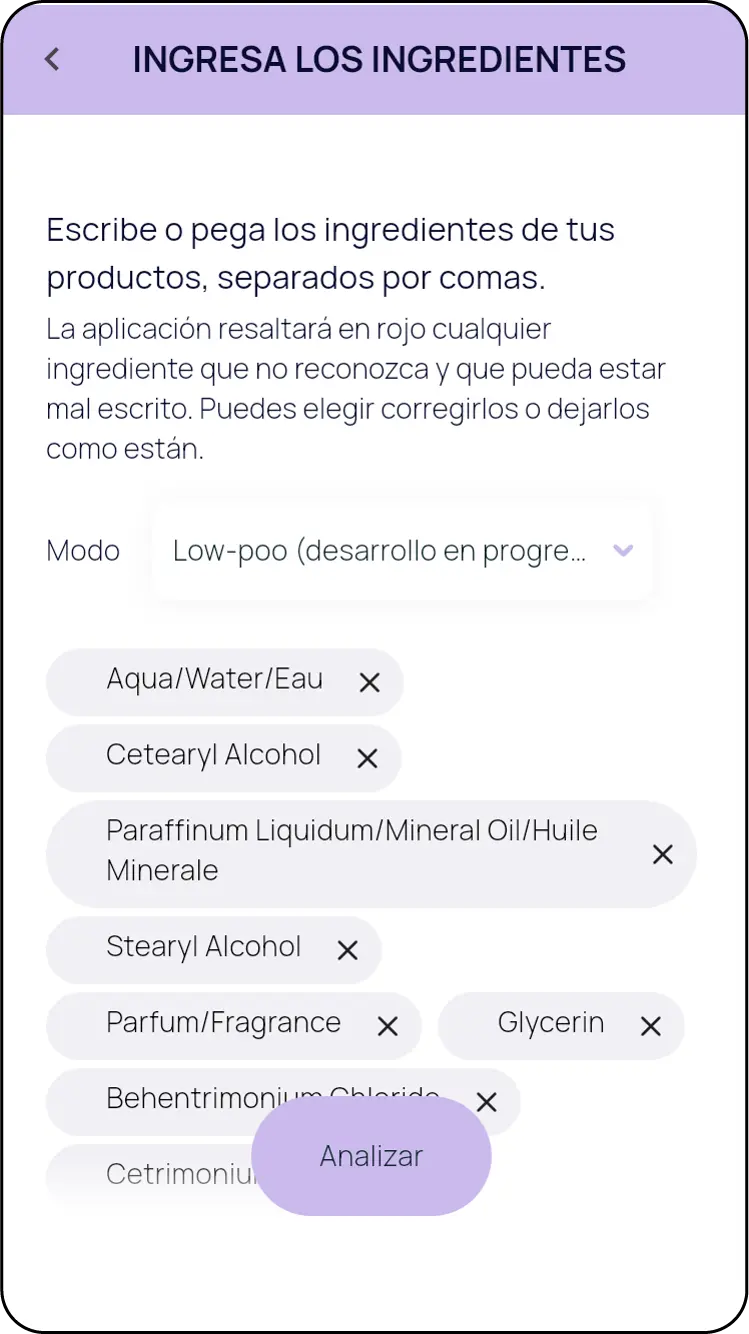 Aplicación Bönpello: Agregando ingredientes del producto para el cabello. El usuario ingresa manualmente la lista de ingredientes para su análisis.