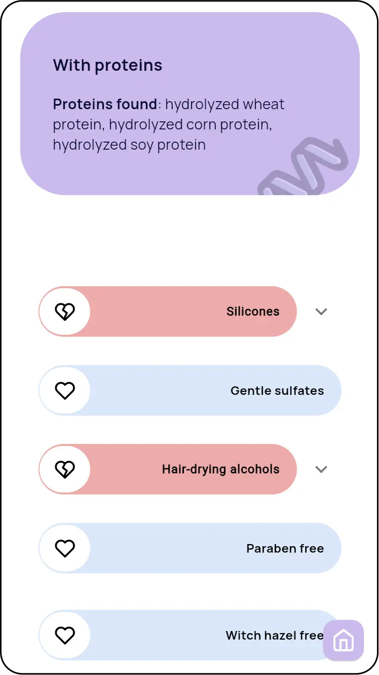 Bönpello App Scan Verdict: Hair product analysis for curl care. Shows protein level, presence of sulfates, silicone, waxes, and CG Method suitability.