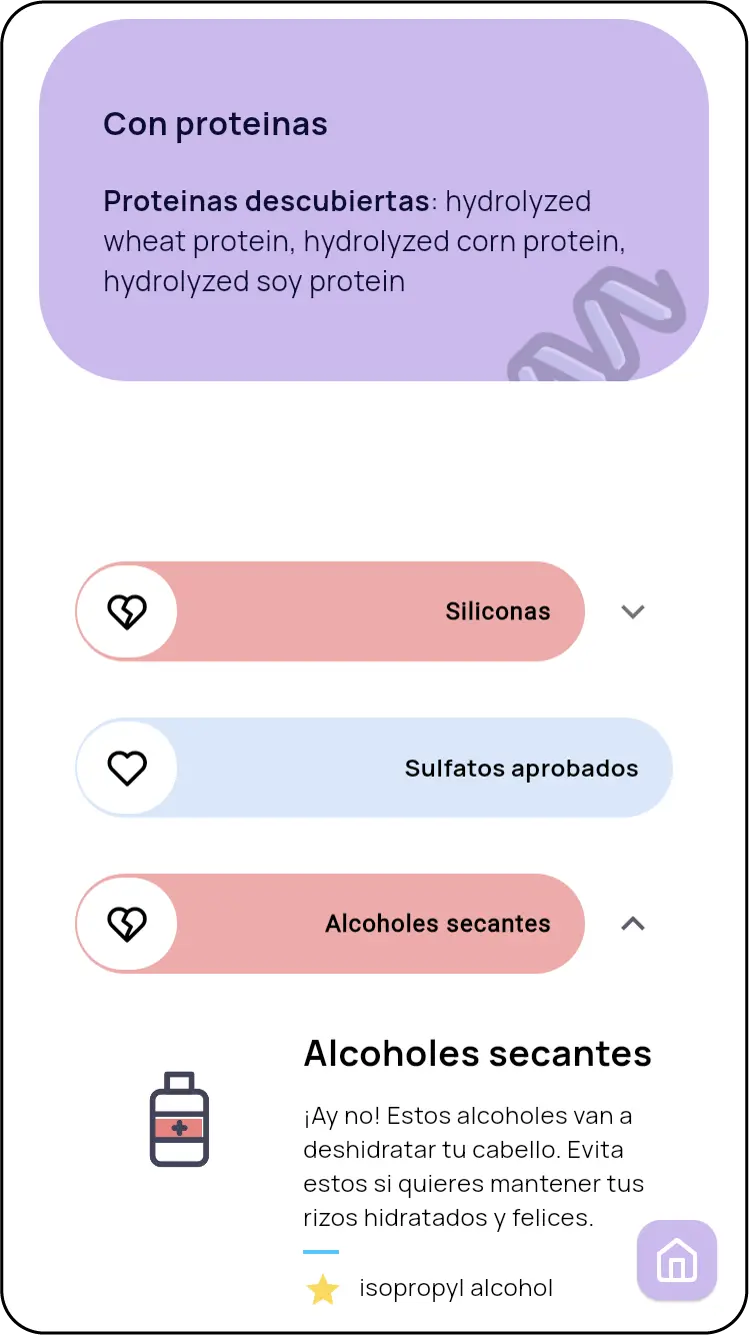 Veredicto del escaneo de la aplicación Bönpello: Análisis de productos para el cuidado del cabello rizado. Muestra el nivel de proteína, la presencia de sulfatos, silicona, ceras y compatibilidad con el Método Curly.